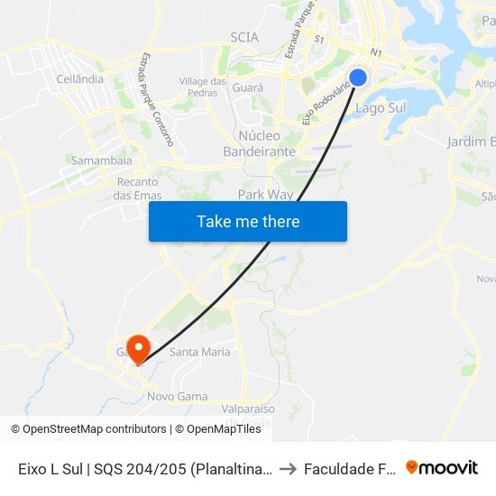 Eixo L Sul | SQS 204/205 (Planaltina / Sobradinho) to Faculdade Fortium map