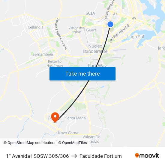 1° Avenida | SQSW 305/306 to Faculdade Fortium map