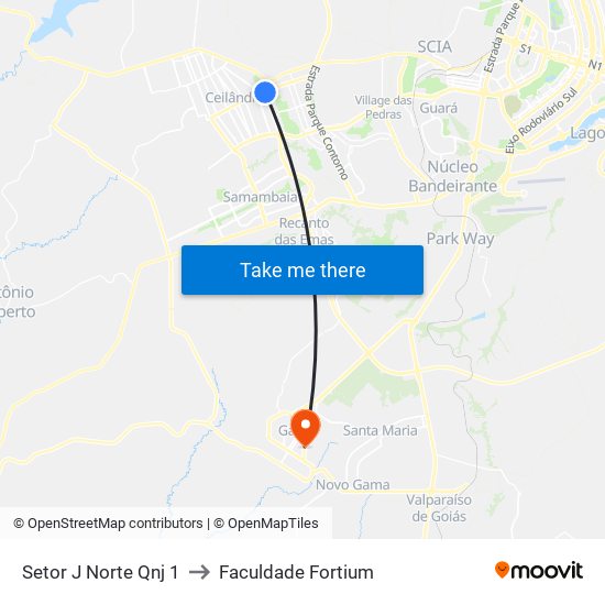 Setor J Norte Qnj 1 to Faculdade Fortium map