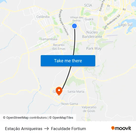 Estação Arniqueiras to Faculdade Fortium map