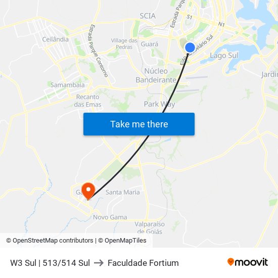 W3 Sul | 513/514 Sul to Faculdade Fortium map