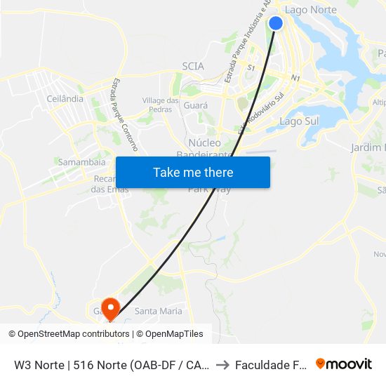 W3 Norte | 516 Norte (OAB-DF / CADE / SEBRAE) to Faculdade Fortium map