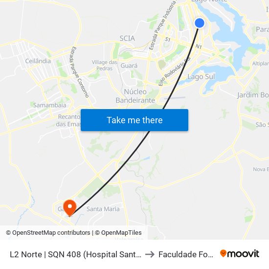 L2 Norte | SQN 408 (Hospital Santa Marta) to Faculdade Fortium map