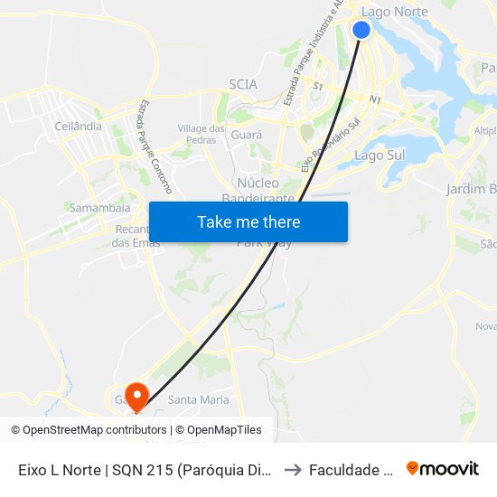 Eixo L Norte | SQN 215 (Paróquia Divina Misericórdia) to Faculdade Fortium map