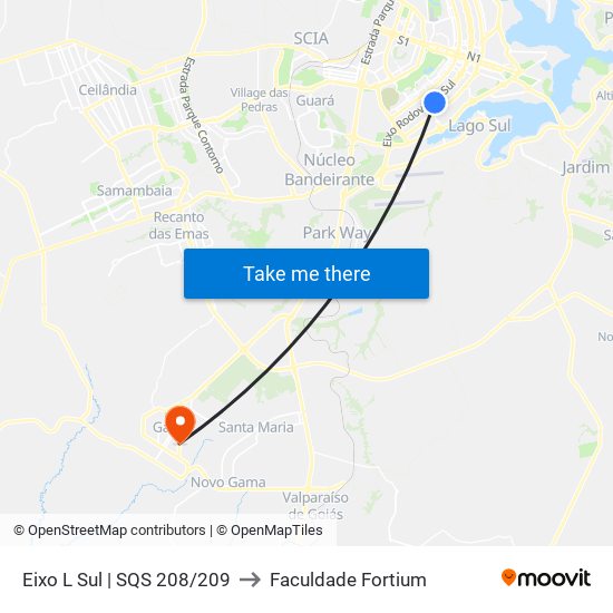 Eixo L Sul | SQS 208/209 to Faculdade Fortium map