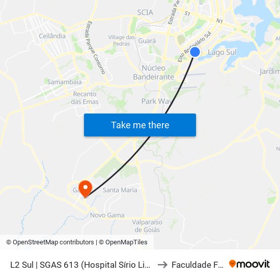 L2 Sul | SGAS 613 (Hospital Sírio Libanês / HOME) to Faculdade Fortium map