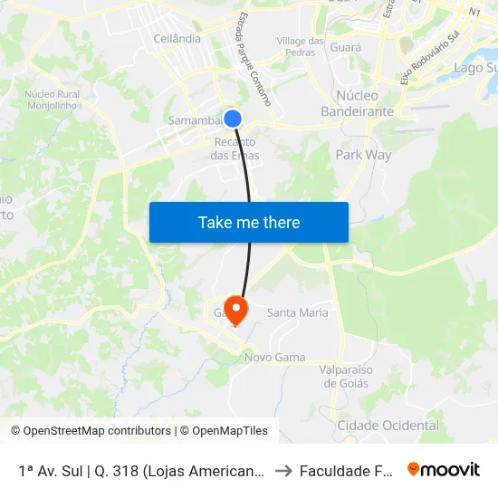 1ª Av. Sul | Q. 318 (Lojas Americanas / Primor) to Faculdade Fortium map