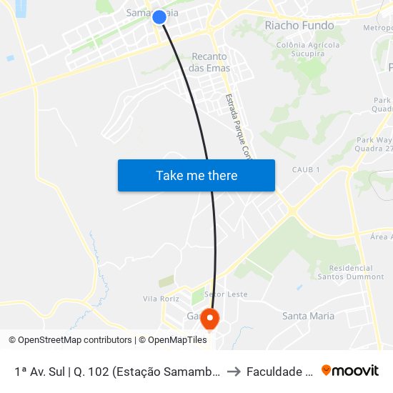 1ª Av. Sul | Q. 102 (Estação Samambaia / Castelo Forte) to Faculdade Fortium map