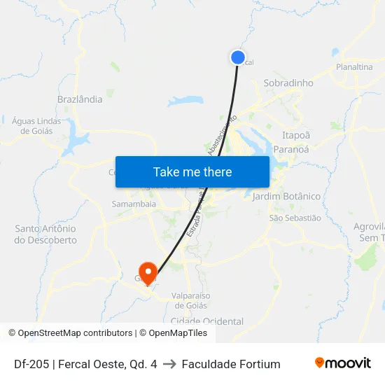 Df-205 | Fercal Oeste, Qd. 4 to Faculdade Fortium map