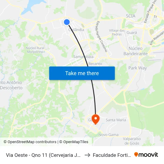 Via Oeste - Qno 11 (Cervejaria Junin) to Faculdade Fortium map