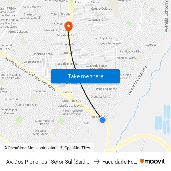 Av. Dos Pioneiros | Setor Sul (Saída Do Gama) to Faculdade Fortium map