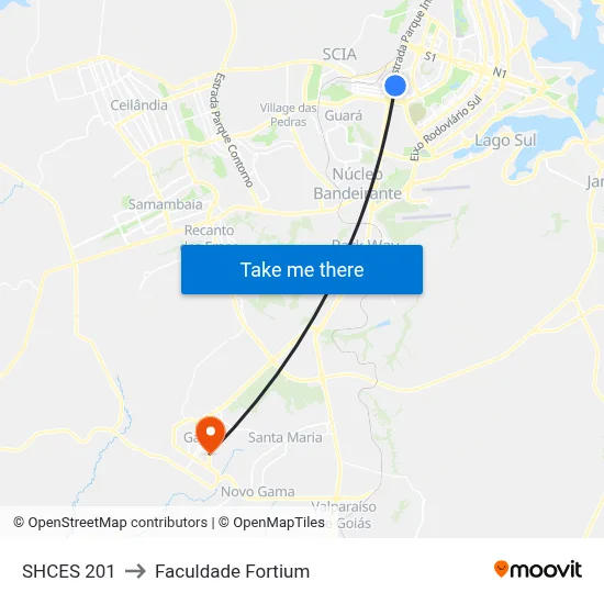 SHCES 201 to Faculdade Fortium map