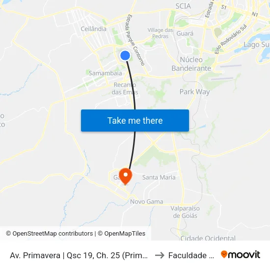 Av. Primavera | Qsc 19, Ch. 25 (Primavera Auto Center) to Faculdade Fortium map