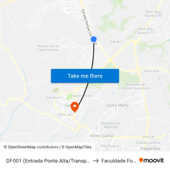 Df-001 (Entrada Ponte Alta/Transportadoras) to Faculdade Fortium map