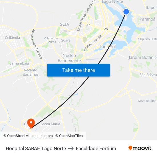 Hospital SARAH Lago Norte to Faculdade Fortium map