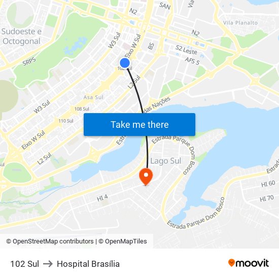102 Sul to Hospital Brasília map