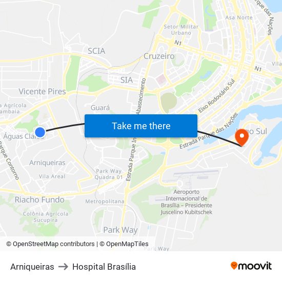 Arniqueiras to Hospital Brasília map