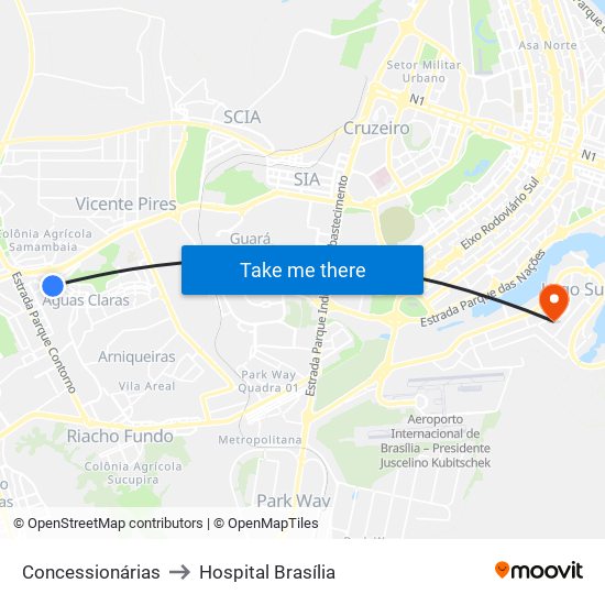 Concessionárias to Hospital Brasília map