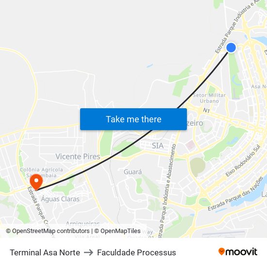 Terminal Asa Norte to Faculdade Processus map