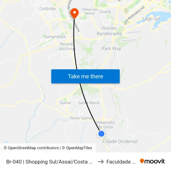 Br-040 | Shopping Sul/Assaí/Costa Atacadão (Passarela Azul) to Faculdade Processus map