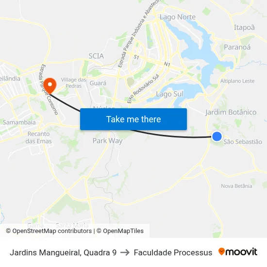 Jardins Mangueiral, Quadra 9 to Faculdade Processus map