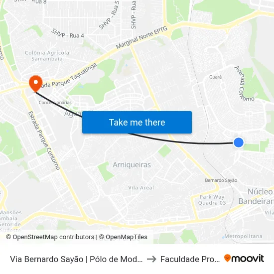 Via Bernardo Sayão | Pólo de Modas, Rua 21/20 to Faculdade Processus map