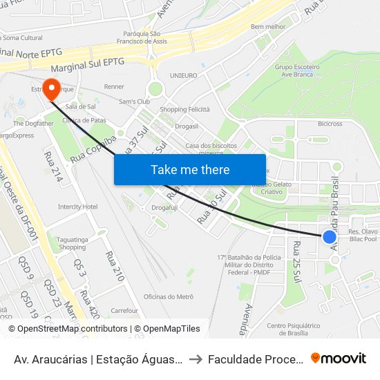 Av. Araucárias | Estação Águas Claras to Faculdade Processus map