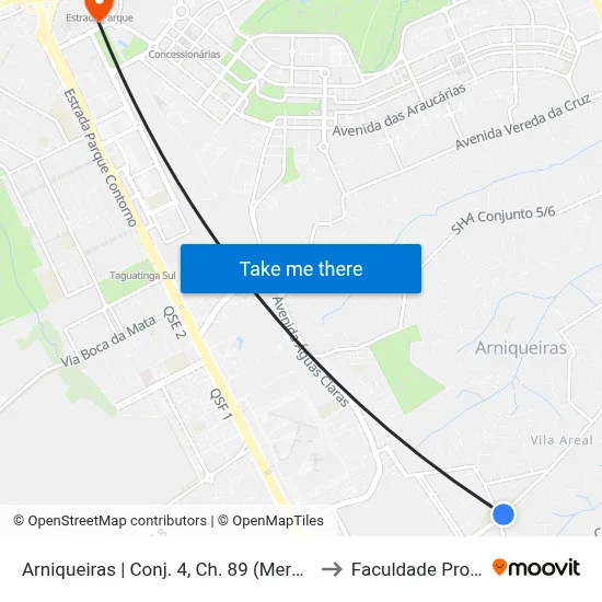 Arniqueiras | Conj. 4, Ch. 89 (Mercado Floresta) to Faculdade Processus map