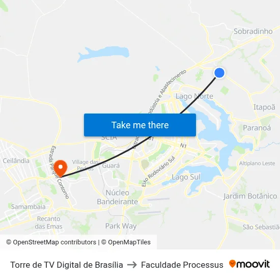 Torre de TV Digital de Brasília to Faculdade Processus map
