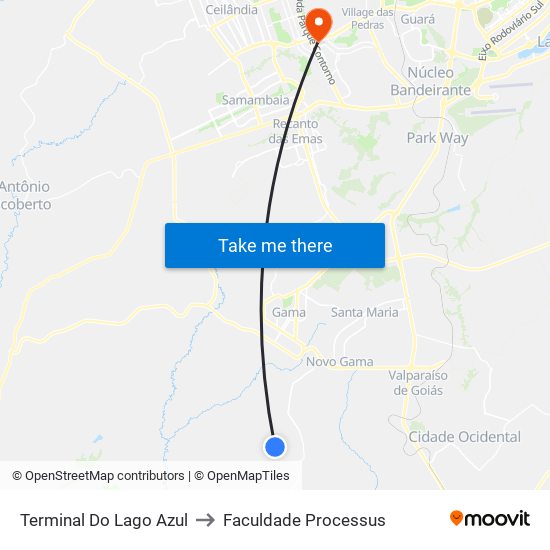 Terminal Do Lago Azul to Faculdade Processus map