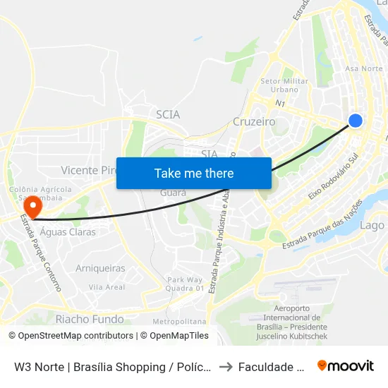 W3 Norte | Brasília Shopping / Polícia Federal / SCN / SHN to Faculdade Processus map