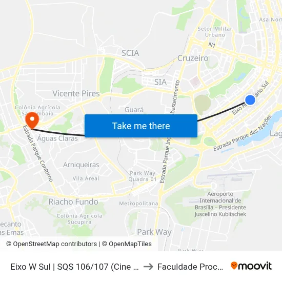 Eixo W Sul | SQS 106/107 (Cine Brasília) to Faculdade Processus map