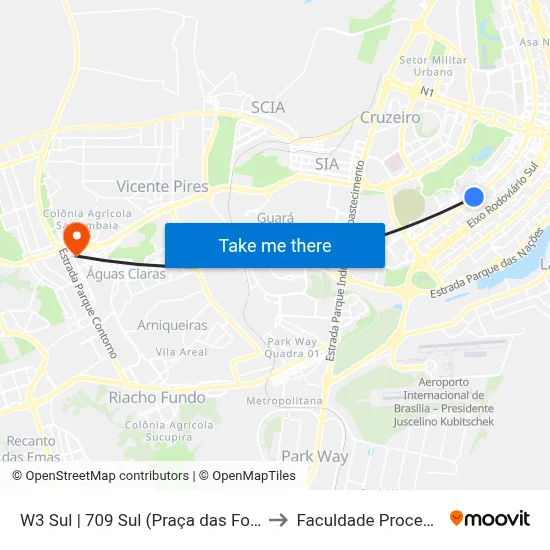W3 Sul | 709 Sul (Praça das Fontes) to Faculdade Processus map