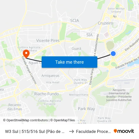 W3 Sul | 515/516 Sul (Pão de Açúcar) to Faculdade Processus map