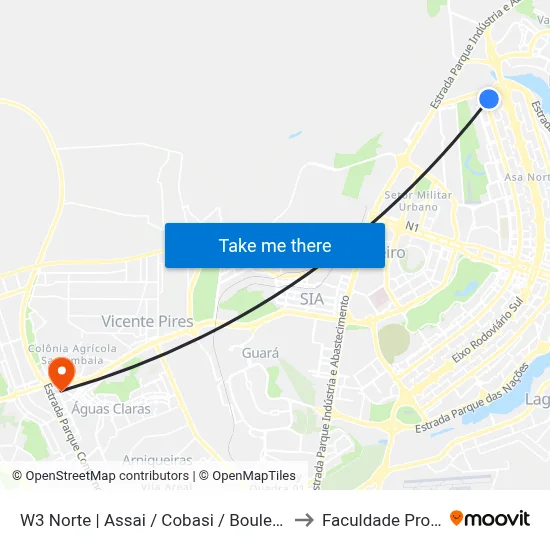 W3 Norte | Assai / Cobasi / Boulevard Shopping to Faculdade Processus map