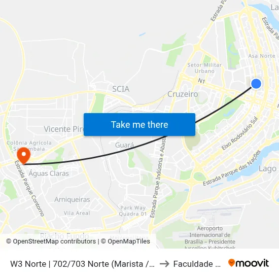 W3 Norte | 702/703 Norte (Marista / Santuario N. Sra. Saúde) to Faculdade Processus map