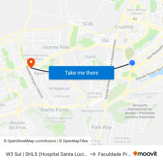W3 Sul | SHLS (Hospital Santa Lúcia / Pão de Açúcar) to Faculdade Processus map