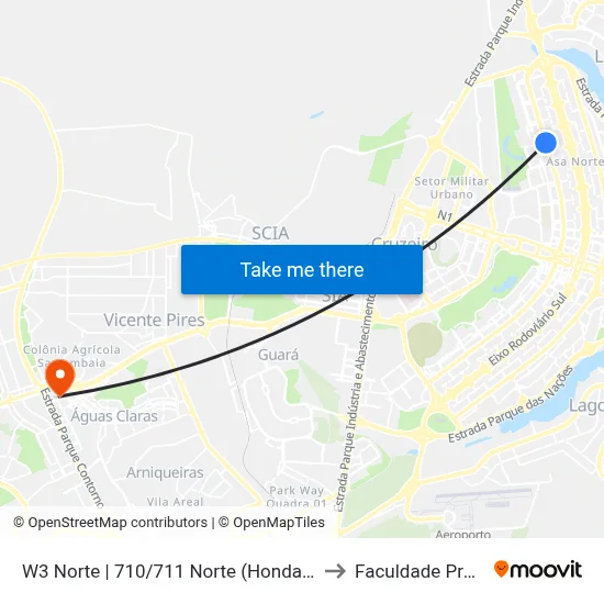 W3 Norte | 710/711 Norte (Honda Plaza Motors) to Faculdade Processus map