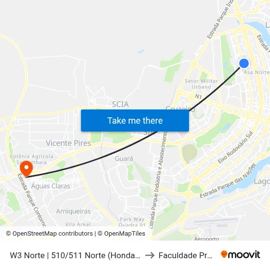 W3 Norte | 510/511 Norte (Honda Plaza Motors) to Faculdade Processus map