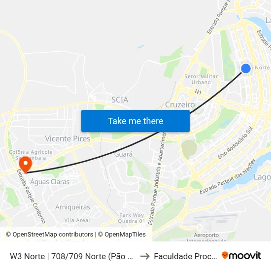 W3 Norte | 708/709 Norte (Pão de Açúcar) to Faculdade Processus map