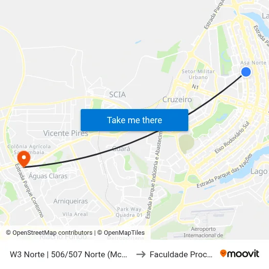 W3 Norte | 506/507 Norte (McDonald's) to Faculdade Processus map