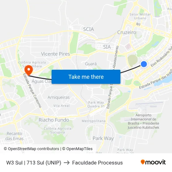 W3 Sul | 713 Sul (UNIP) to Faculdade Processus map