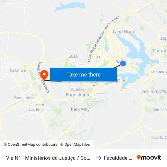 Via N1 | Ministérios da Justiça / Comunicações / Transportes to Faculdade Processus map