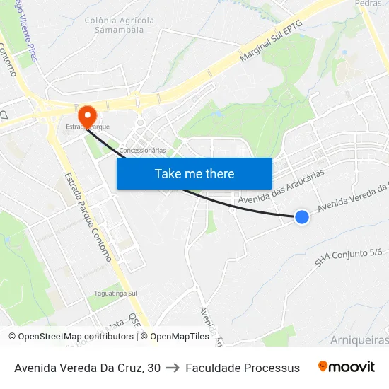 Avenida Vereda Da Cruz, 30 to Faculdade Processus map