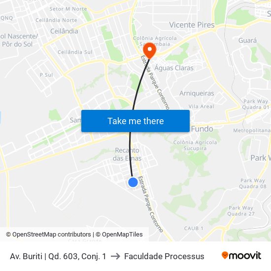 Av. Buriti | Qd. 603, Conj. 1 to Faculdade Processus map