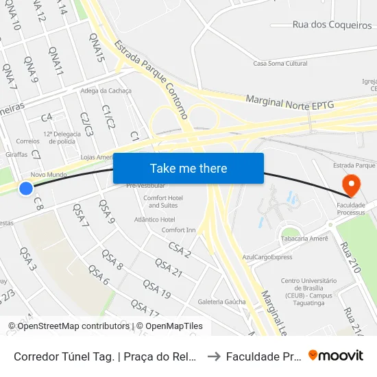 Corredor Túnel Tag. | Praça do Relógio (Sentido BSB) to Faculdade Processus map