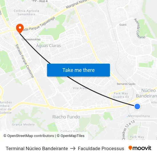 Terminal Núcleo Bandeirante to Faculdade Processus map