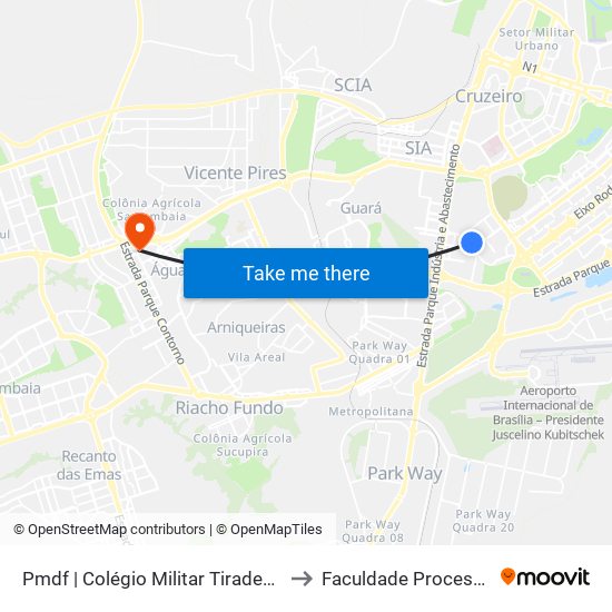 Colégio Militar Tiradentes to Faculdade Processus map