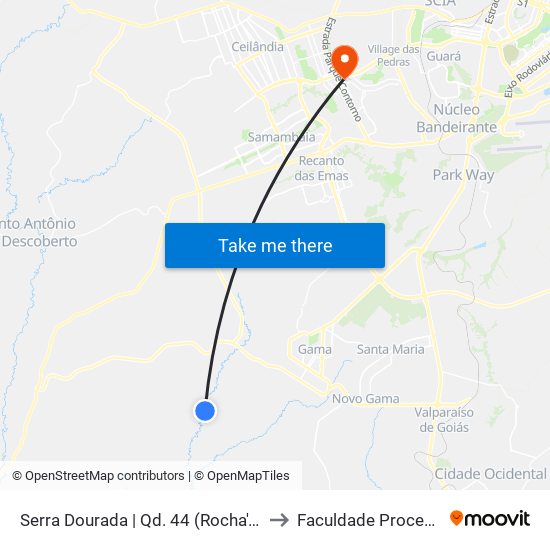 Serra Dourada | Qd. 44 (Rocha's Bar) to Faculdade Processus map