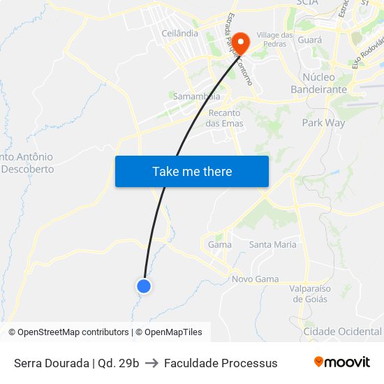 Serra Dourada | Qd. 29b to Faculdade Processus map